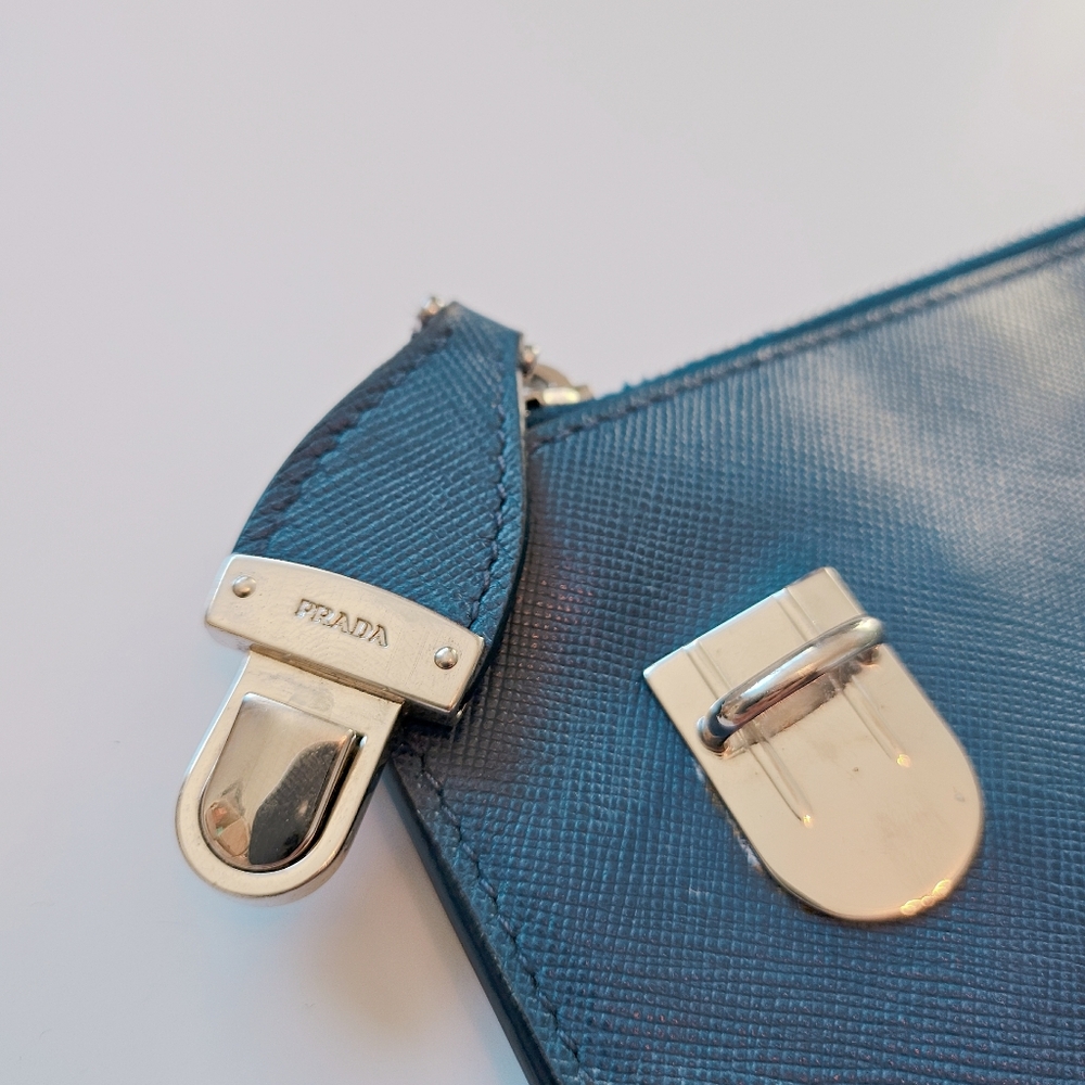 PRADA Saffiano Leather Blue Zipper Clutch Pouch Bag With Silver Hardware. - Picture 12 of 14